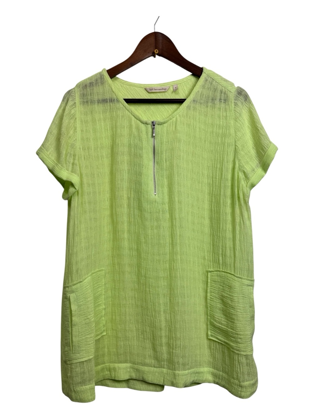 Soft Surroundings Lime Green Short Sleeve Zip Front Gauzy Top PL